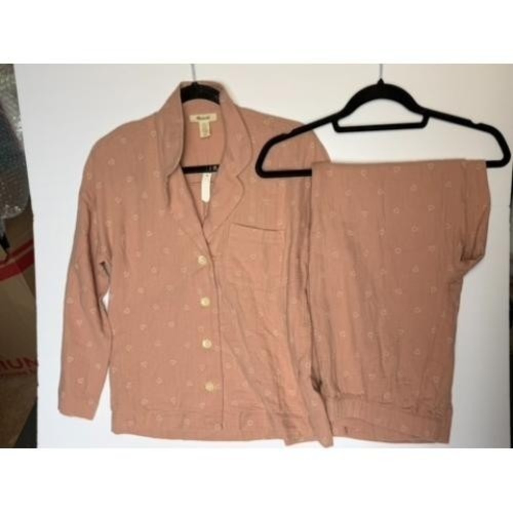 Madewell Womens XS 2 Pc Pajama Lounge Set Pink Heart Print Button Front NWT